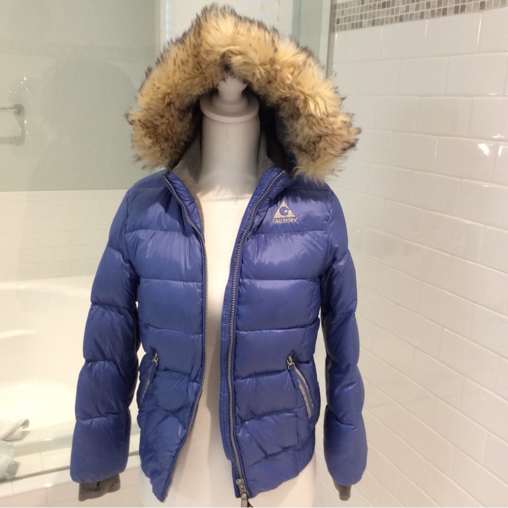 Her Blue Puffer Jacket with Faux Fur Hood